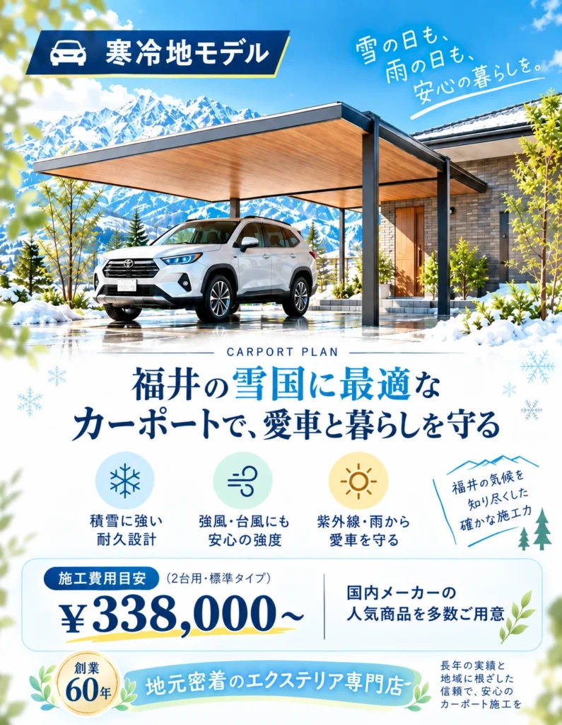 福井の雪に強い寒冷地仕様のカーポート